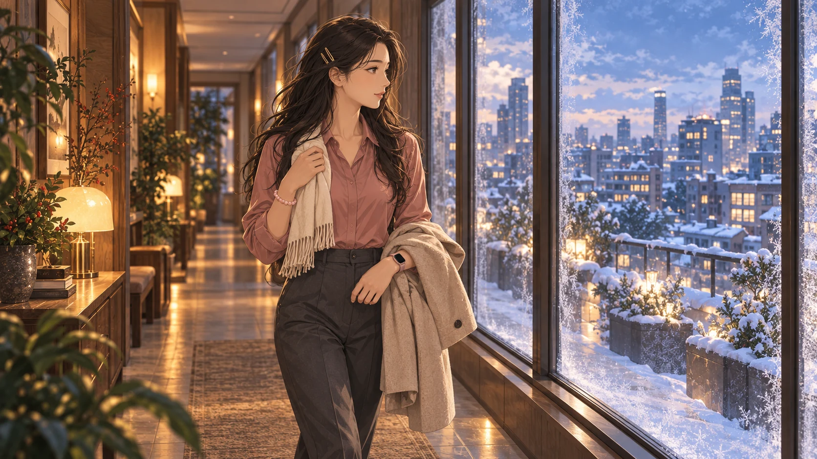 冬日窗邊,一位女子望向覆雪城市,室內映著溫暖燈光。 / A woman beside a winter window, warm lamplight inside and a snowy city beyond.
